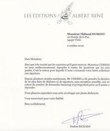 Lettre reçue à mon premier courrier adressée à monsieur Uderzo......