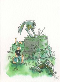 Lewis Trondheim - Mini herbes folles - Lapinot et la statue - Illustration originale