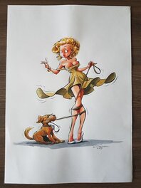 Ed van der Linden - Vrouw met hond - Original Illustration