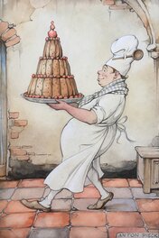 Anton Pieck - Bakker met taart - Illustration originale