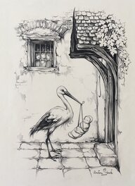 Anton Pieck - Geboortekaart Ooievaar - Original Illustration