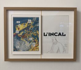 Encadrement d'art - musée conservant l'oeuvre, son album avec un double vitrage pour mise à plat et présentation optimale, ajout d'une image d'une oeuvre de Moebius pr palier page blanche en vis à vis