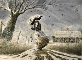 François Dermaut - Rosa - Sous la pluie - Original Illustration