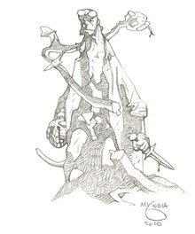 Illustration originale - Hellboy coupant dans son vol un serpent ailé