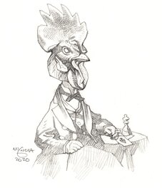 Mike Mignola - Coq dandy jouant aux cartes et aux échecs - Illustration originale