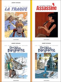 Les albums de « Place du Sablon » avec leur illustration de couverture carrée.