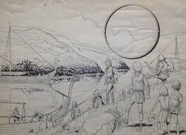 Gigi Couverture Double Page, Histoire Homme Héros Viking du Vinland Pêche Baleine , Dessin Original Encre de Chine Signé