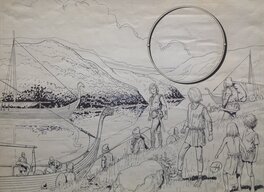 Robert Gigi - Gigi Couverture Double Page, Histoire Homme Héros Viking du Vinland Pêche Baleine , Dessin Original Encre de Chine Signé - Couverture originale