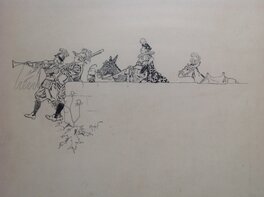 Henry Morin - Henry Morin Don Quichotte de La Manche , L'Arrivée en Fanfare , Âne , Etc...Rare illustration N&B Encre de Chine 1906 Cervantès - Original Illustration