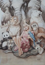 Patrick Hitte - Brigitte Bardot entourée de ses amis les animaux - Original Illustration