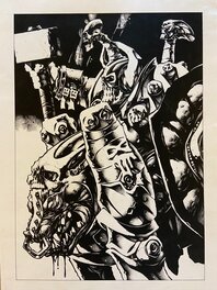 Original B&W illustration. Gary Harrod - Khorne Juggernaut Rider Realm of Chaos