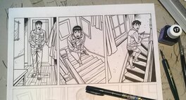 Narco-Tango : le premier strip de la planche 5 à peine encré (photo : Facebook André Taymans). Narco-Tango : le premier strip de la planche 5 à peine encré (photo : Facebook André Taymans).