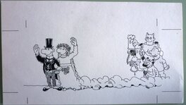 Jacques Tardi - Couple de marié salués par Tintin, Le Marsupilami, Batman. - Illustration originale
