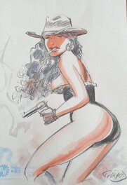 Thierry Girod - Cow-Girl en tenue légère / Western Corset - Original Illustration