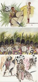 Aquarelles (F "Zoulouland" - G "Le Veld" - H "Zoulous en armes") de Zoulous par Vianello. Aquarelles (F "Zoulouland" - G "Le Veld" - H "Zoulous en armes") de Zoulous par Vianello.