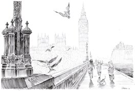 David Etien - Original A LA MINE DE PLOMB - DOUBLE PAGE DE GARDE DE L'ALBUM "LE MONDE DES QUATRE DE BAKER STREET"