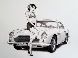 Laurent Paturaud - Aston DB5 avec une jolie pinup - Illustration originale