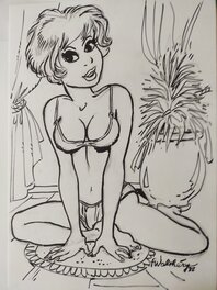 François Walthéry - Natacha devant un pot de fleur - Original Illustration