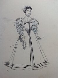 Henry Morin Don Quichotte de La Manche , Reine gente dame robe ,Etc...Rare Dessin illustration N&B Encre de Chine 1906 Cervantès