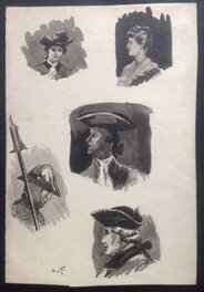 Louis Forton Soldat Horse-Guards a Travers Âges ,Dessin original Préparatoire Lavis Étude de Personnages Femme Pin up 2 Année 20