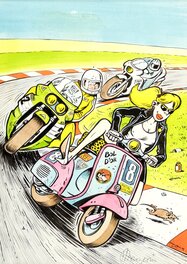 Frank Margerin - Scandale au Bol d'Or, le Scooter rose Triomphe - Illustration originale