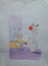 Bélom - Bélom , Dessin Original La Pin up et Le Clown , illustration Humoristique Érotique Aquarelle Couleur 2001 - Illustration originale