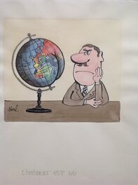 Siné - Siné Aquarelle originale L'Occident est nu homme devant fesse globe terrestre mappemonde année 60 , Dessin inédit signé SINÉ - Original Illustration