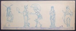 Louis Forton - Louis Forton 5 Femme Pin up différente Costume , Joli Dessin Préparatoire au Crayon Bleu Étude de Personnages 3 Année 20 - Illustration originale