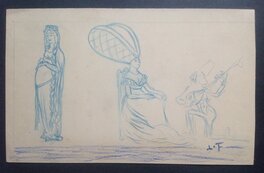 Louis Forton - Louis Forton Reine Femme Pin up Troubadour ,Joli Dessin Original Signé ,Préparatoire au Crayon Bleu Étude Personnages 1 Année 20 - Original Illustration