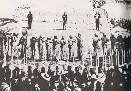 Photographie de l'exécution de Maximilien (à droite) et des généraux Miramón et Mejía au Cerro de las Campanas le 19 juin 1867. Photographie de l'exécution de Maximilien (à droite) et des généraux Miramón et Mejía au Cerro de las Campanas le 19 juin 1867.