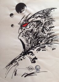 Philippe Druillet - Druillet Guerrier Hurlant a Corne Original a L'Encre de Chine Dessin inédit MÉTAL HÉROS - Illustration originale