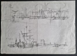 Patrice Pellerin - L'epervier - crayonne de La Méduse et du port de La Rochelle - Original art