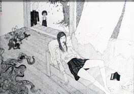 Sous une pluie noire, deux figures observent une jeune femme allongée sur un canapé et... par Daisuke Ichiba