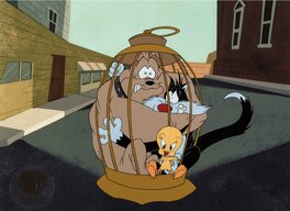 Warner Bros. - Sylvester and Tweety Mysteries Hector, Sylvester and Tweety Production Cel Setup and Animation Drawing (Warner Brothers, c. 1995 - Original art
