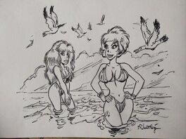 François Walthéry - Rubine et Natacha à la plage - Illustration originale