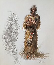 Derib - Illustration Squaw avec son petit - Illustration originale