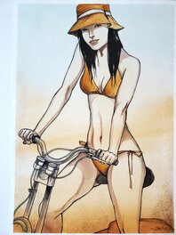 Jung - FEMME A VELO   illustration originale couleur - Original Illustration