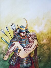 Jung - SAMOURAÏ AVEC FEMME DANS LES BRAS     grande illustration originale couleur - Illustration originale