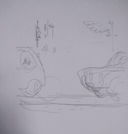 Crayonné au dos de la planche des voitures et décors de la 1ère case (travaillé certainement ensuite par transparence) Crayonné au dos de la planche des voitures et décors de la 1ère case (travaillé certainement ensuite par transparence)