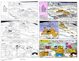 Planche originale face à la version colorisée publiée dans Topolino