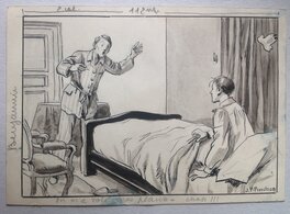 Pinchon illustration Hommes 2 Pensionnat Lit , Dessin Original Lavis Encre de Chine , planche originale parue dans Benjamin