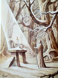 Florence Magnin - MERLIN ET EXCALIBUR illustration originale couleur - Illustration originale