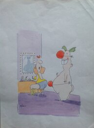 Bélom , Dessin Original La Pin up et Le Clown , illustration Humoristique Érotique Aquarelle Couleur directe 2001
