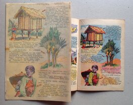 La planche originale 2 de A Madagascar avec son calque de couleur apposé sur L'original , et La page du P'tit gars 3 de 1952 . La planche originale 2 de A Madagascar avec son calque de couleur apposé sur L'original , et La page du P'tit gars 3 de 1952 .