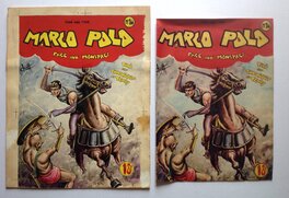 L'original de Couverture de Chott du MARCO POLO 10 Face aux Monstres , et a droite sa Publication originale d'époque du récit complet publié en Juillet 1949 - Éo éditions Pierre Mouchot