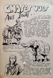 Planche originale - Rémy Bordelet RÉMY Choses vues A ... indes Vache éléphant femme , Planche originale dessin 1953 P'tit gars 5 Atelier Chott