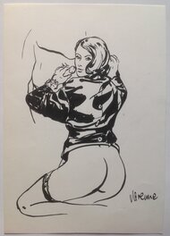 Alex Varenne - Varenne Alex Dessin Original Belle Pin up avec son Cuir , L'Art de La Fellation ... encre de chine noire