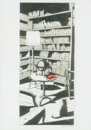 Christophe Chabouté - Chat bibliothèque livre rouge - Illustration originale