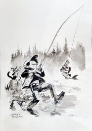 René Follet - Gaston et le chat à la pêche - Illustration originale