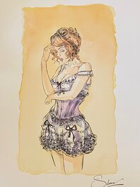 Paul Salomone - Paul Salomone, illustration originale, "L'Homme qui n'aimait pas les Armes à Feu", Margot en bustier. - Original Illustration